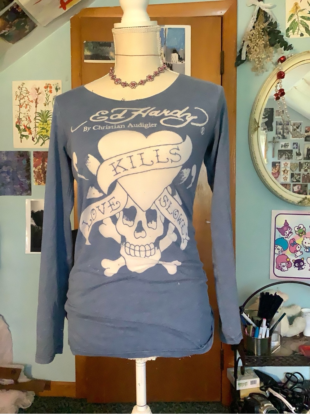 Ed Hardy Blue Long-Sleeve Skull & Banner Graphic Tee